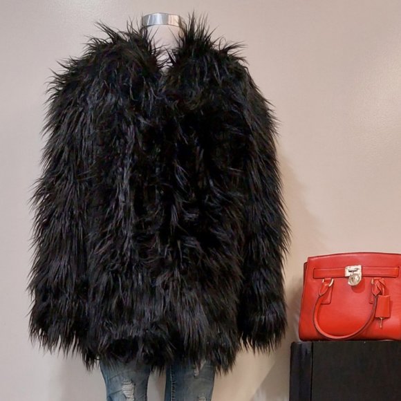 💋BOHO CHIC💋 GORGEOUS Black Faux Fox Fur Jacket - Picture 8 of 16